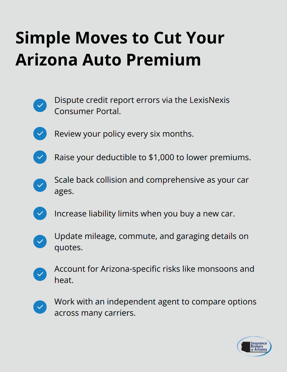 Checklist of actionable steps to reduce Arizona auto insurance costs.