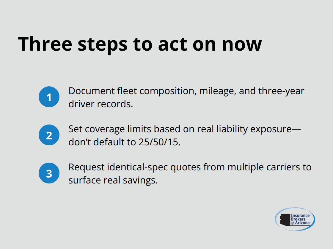 Compact checklist of three immediate steps to secure Arizona fleet insurance savings.