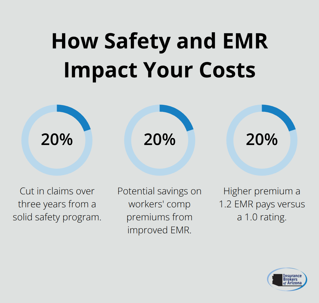 Three data points showing 20% effects on claims, workers’ comp premiums, and EMR-related pricing for Arizona artisan contractors.