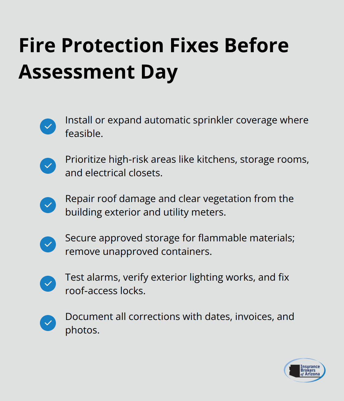 Checklist of fire protection and safety actions to complete prior to inspection. - Commercial property risk assessment