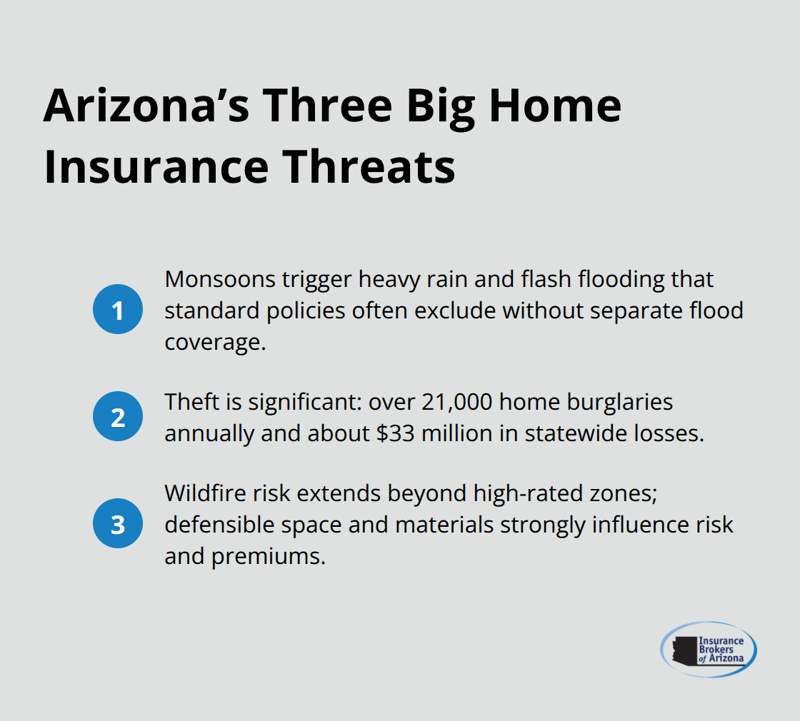 Compact list summarizing monsoon flooding gaps, theft losses, and wildfire risk factors in Arizona.