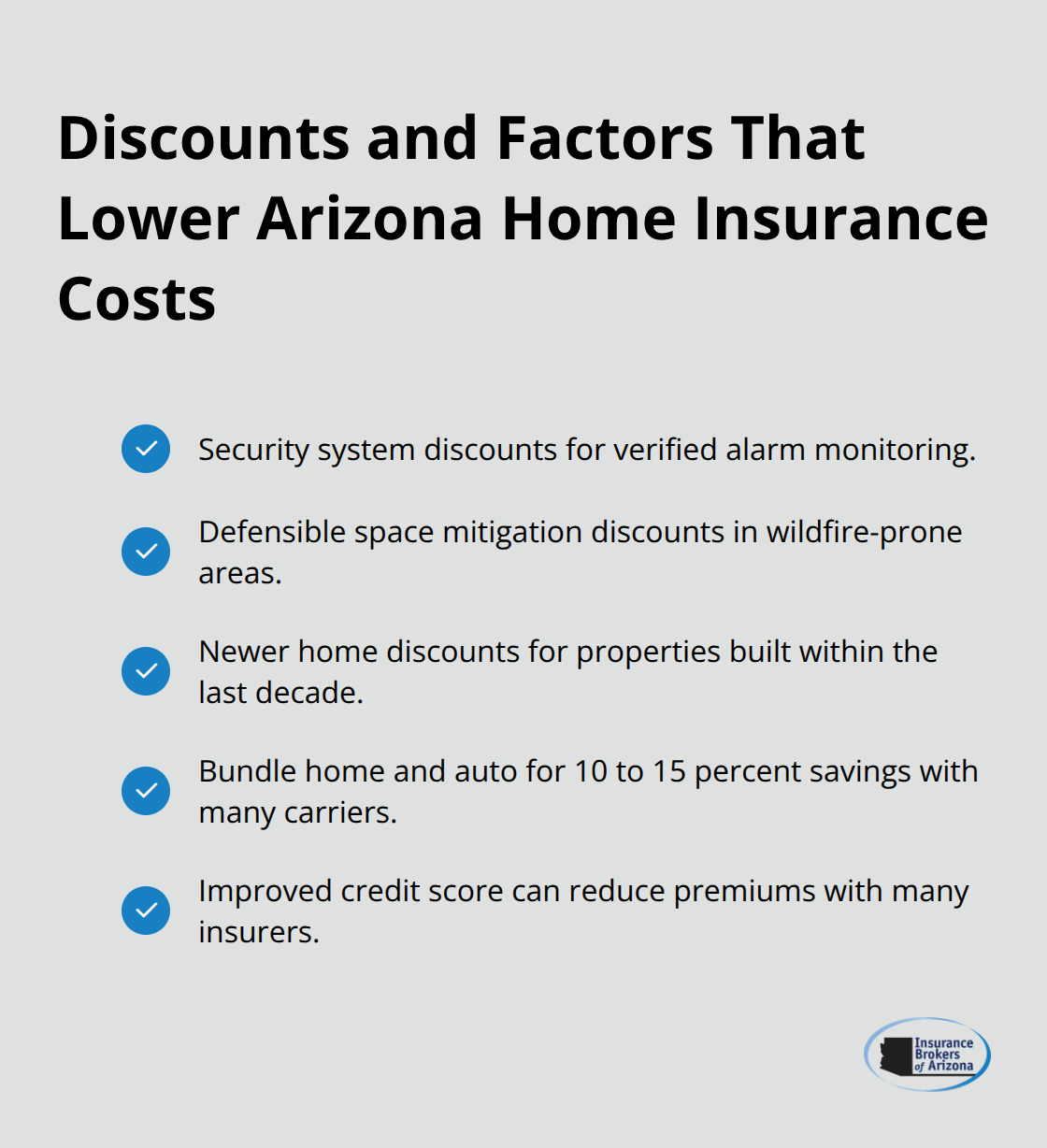 Checkmark list of common Arizona home insurance discounts and cost reducers. - Home insurance Arizona residents