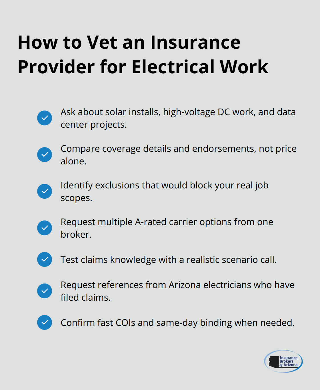 Checklist of steps to evaluate an electrician-focused insurance provider and quote. - Insurance for electricians Arizona