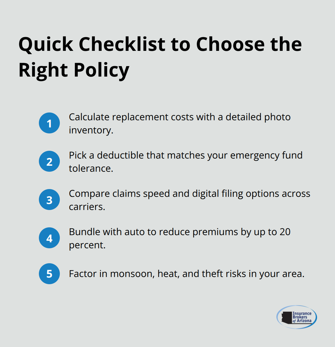 Compact checklist for calculating coverage, deductibles, claims, bundling, and local risks.