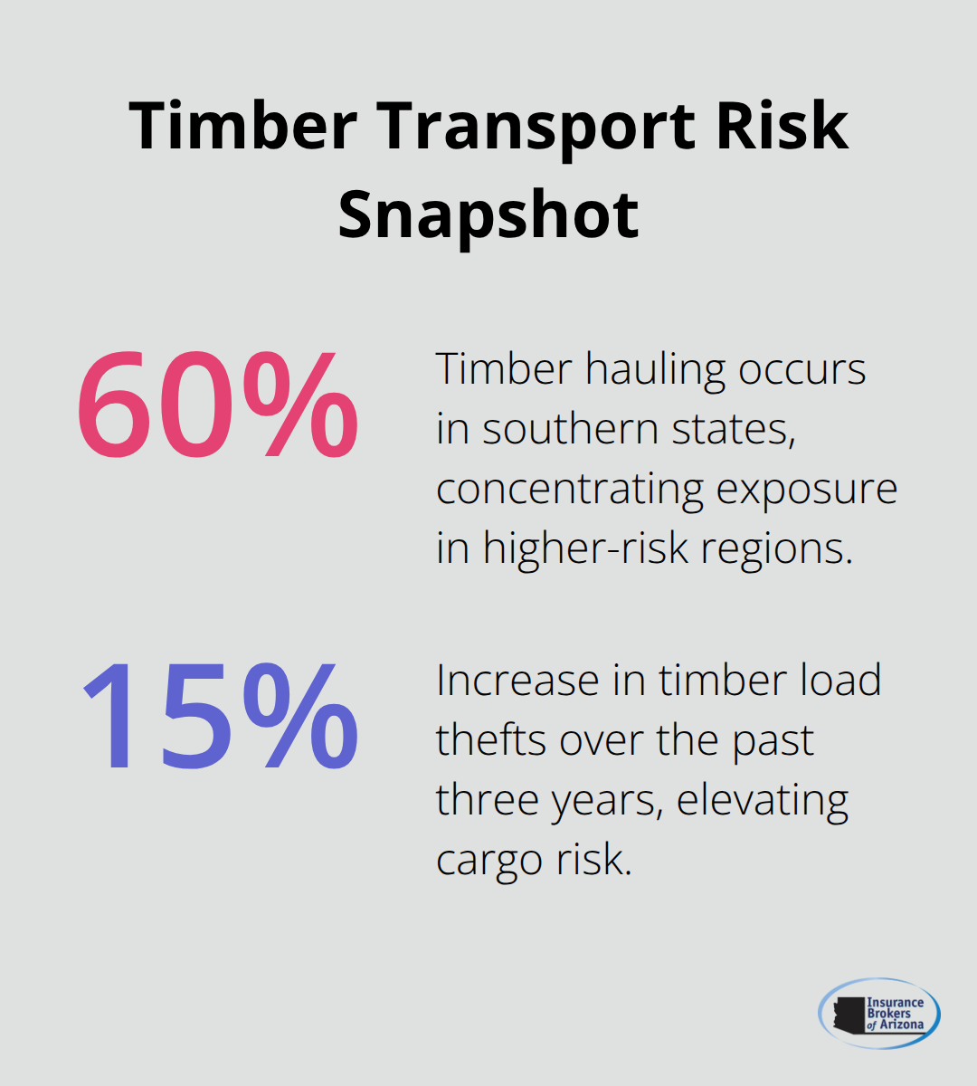 Percentage highlights for timber hauling concentration and theft trend in the United States. - commercial log truck insurance companies