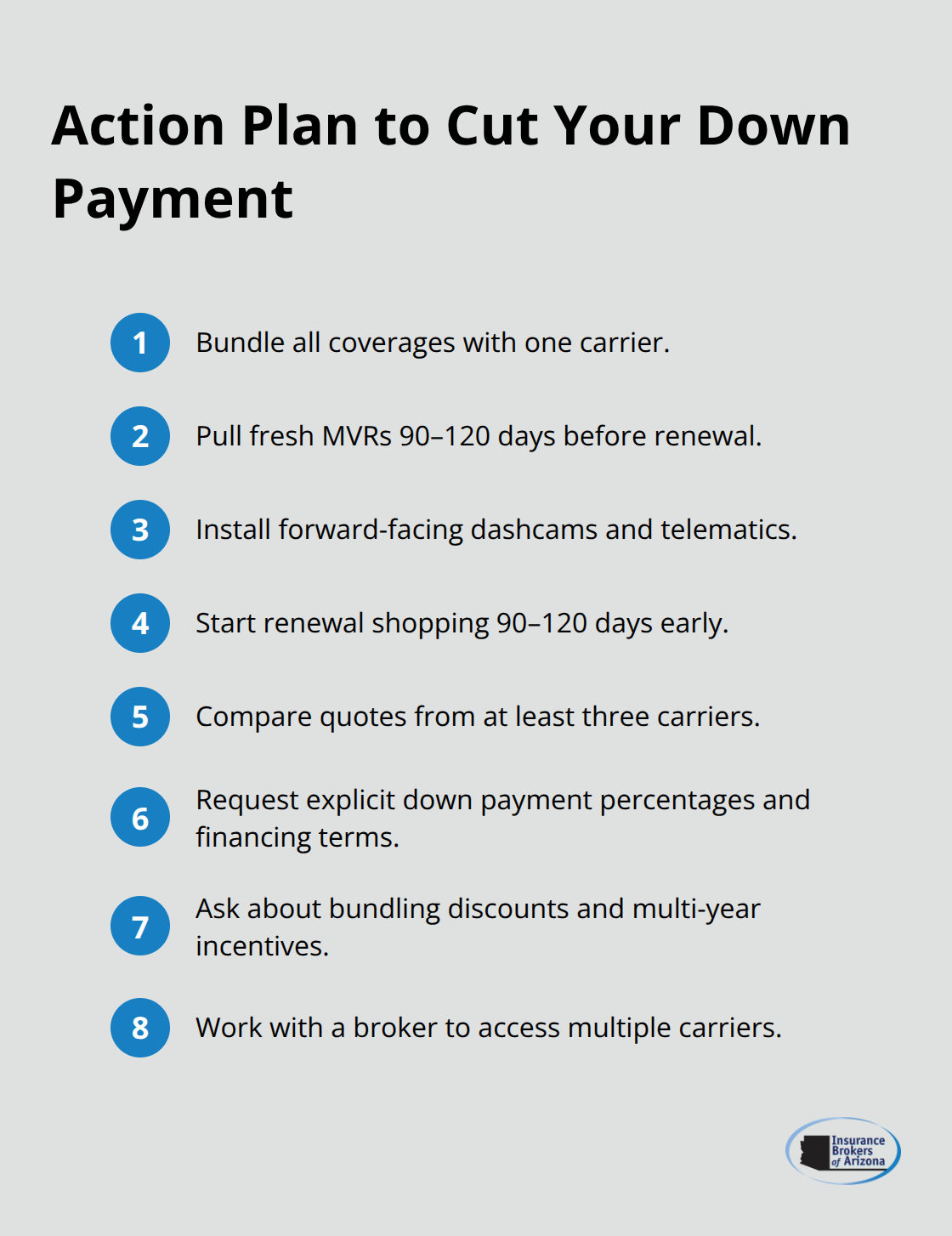 Compact checklist of steps U.S. truck operators can take to reduce commercial truck insurance down payments.