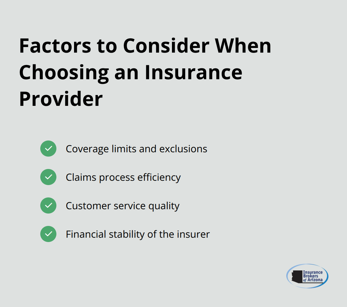 Checkmark list showing four key factors to consider when choosing an insurance provider for handyman general liability insurance: Coverage limits and exclusions, Claims process efficiency, Customer service quality, and Financial stability of the insurer.