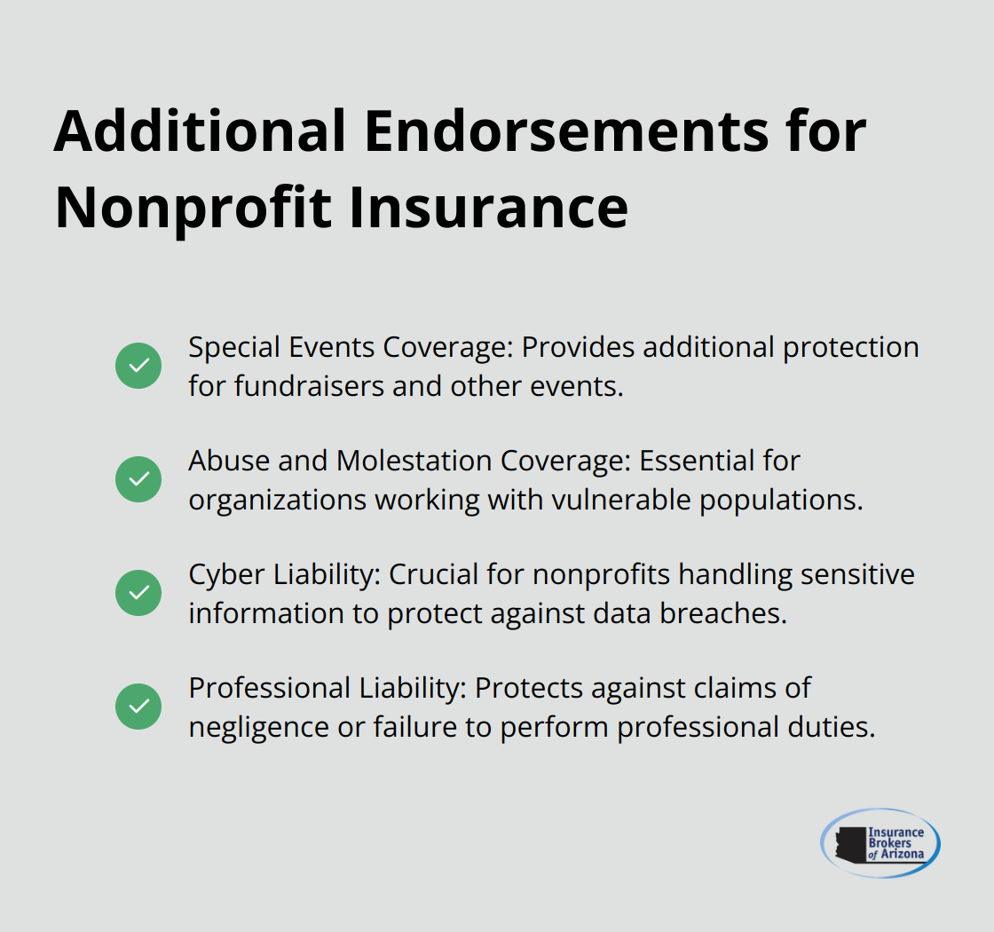 Checkmark list of additional endorsements to consider for nonprofit insurance policies - general liability insurance nonprofit