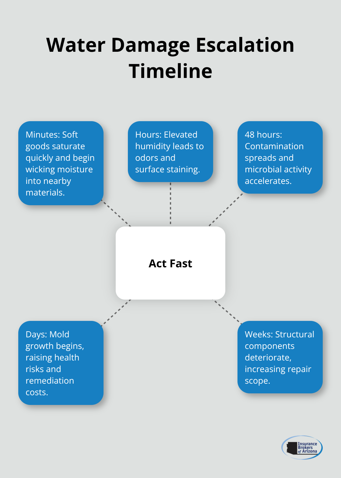 Timeline showing how water damage worsens from minutes to weeks