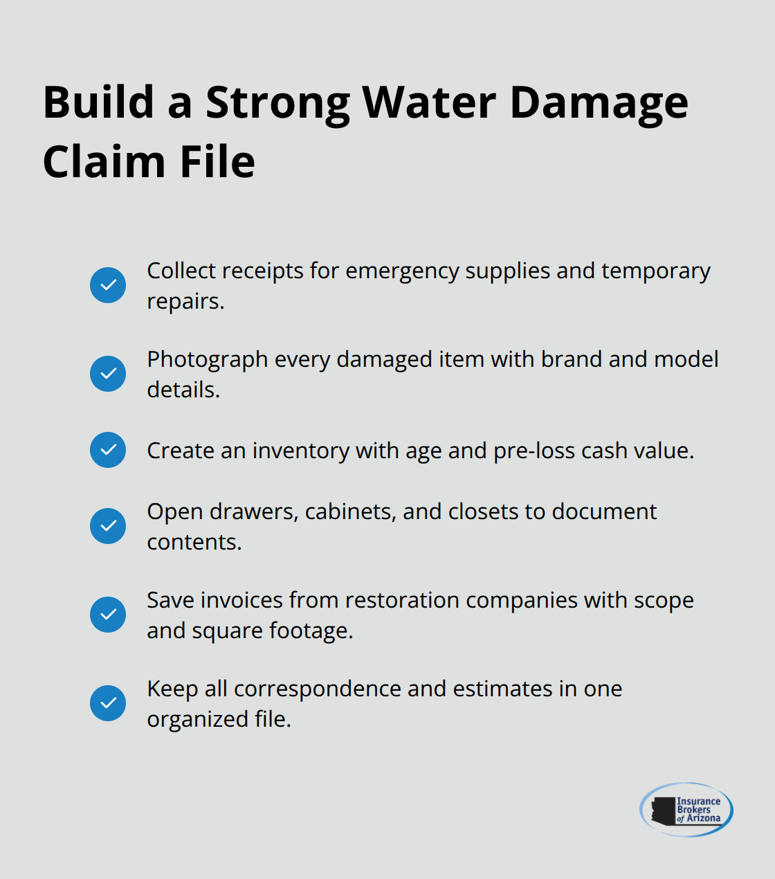 Checklist of documentation steps to support a water damage insurance claim - home insurance and water damage