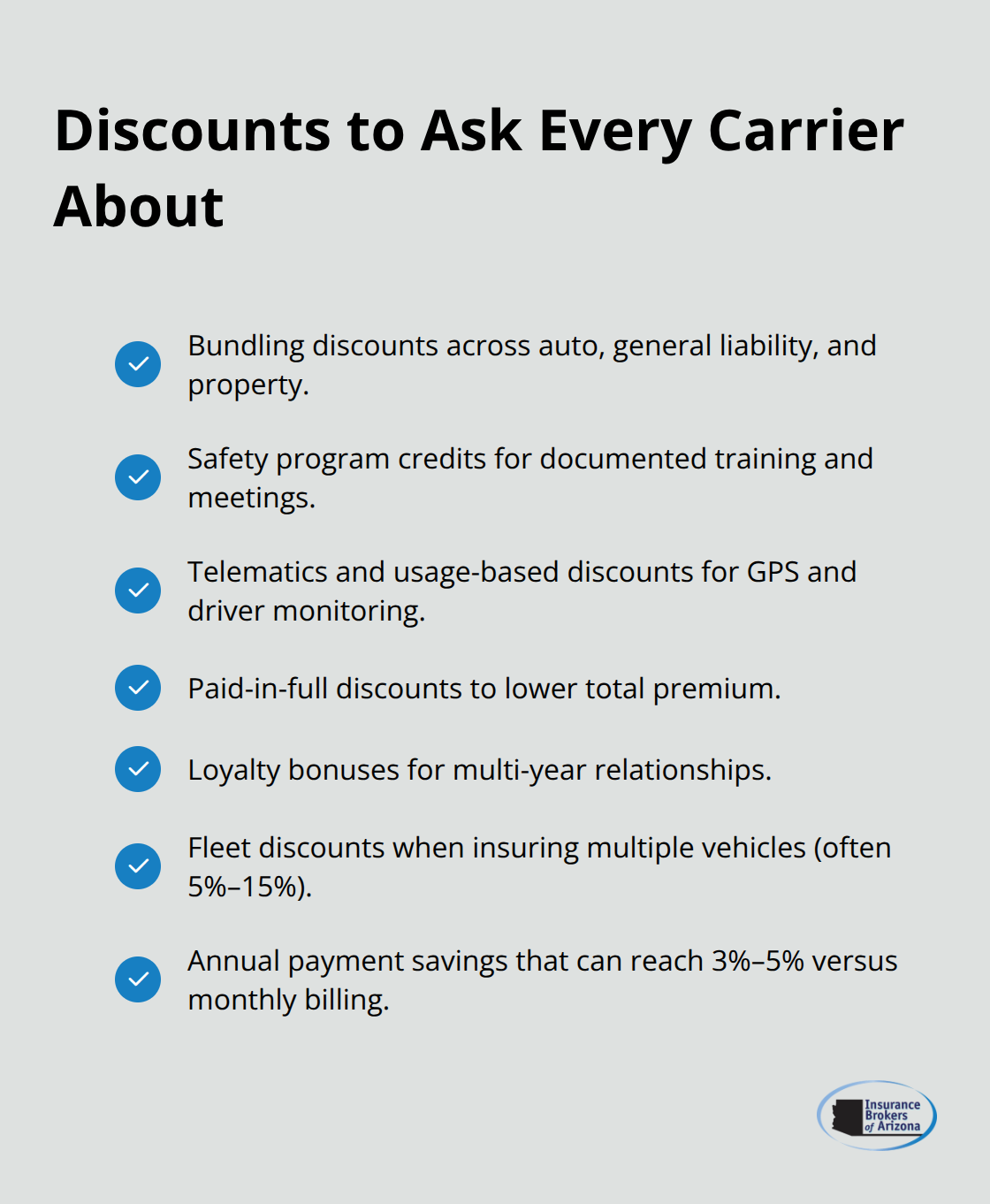 Checklist of common commercial auto insurance discounts to request during quoting.