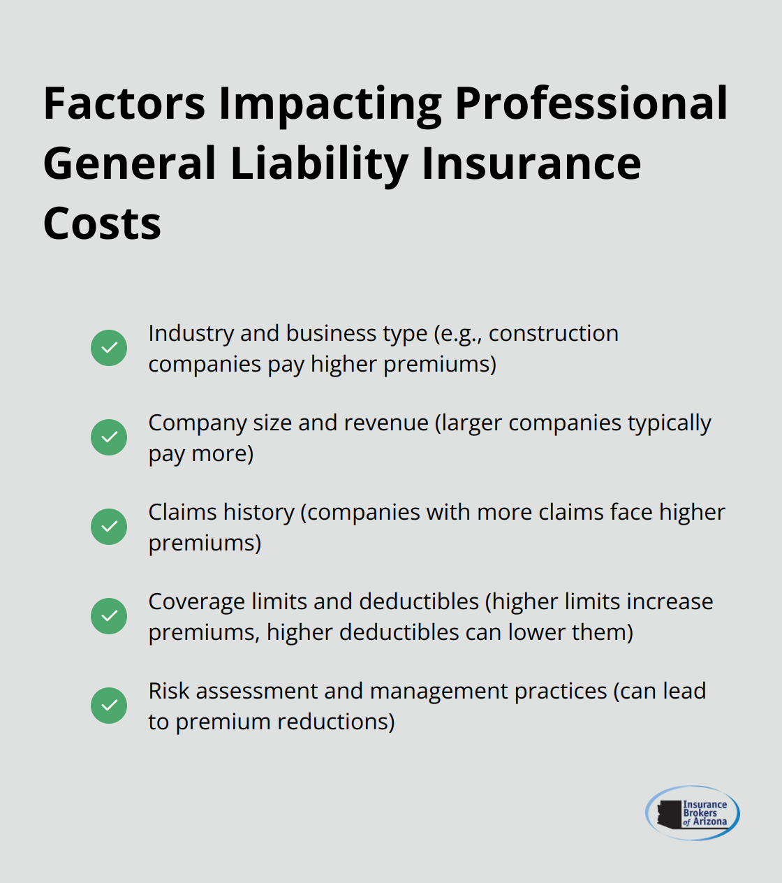 Checkmark list chart showing five key factors that influence the cost of professional general liability insurance