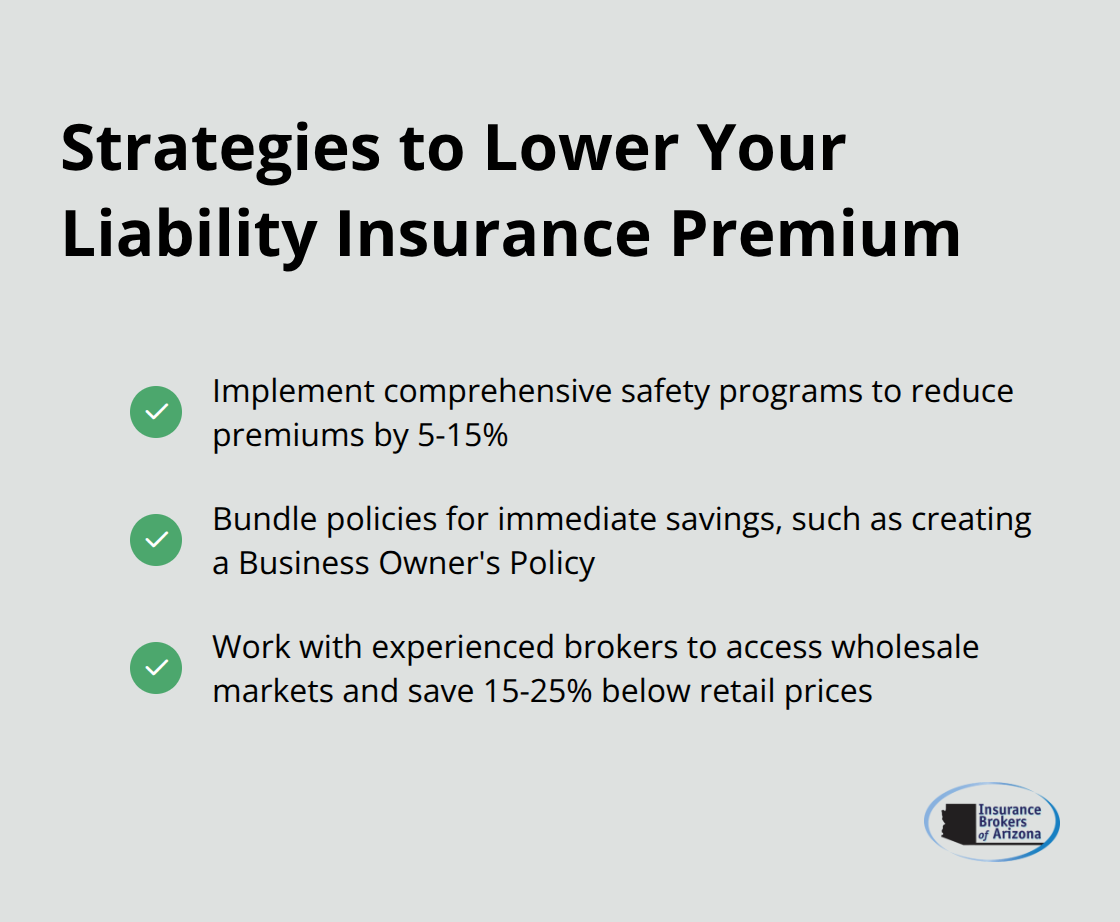 Checkmark list chart showing three key strategies to reduce liability insurance premium costs - small business general liability insurance cost